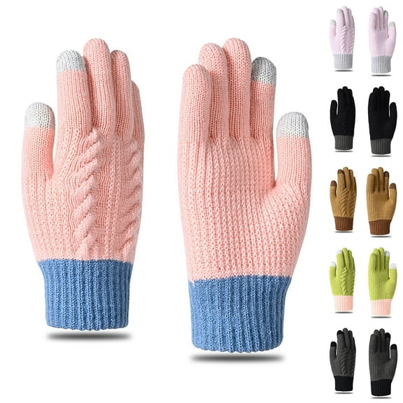 Lovzfmll Unisex Color Block Knit Mittens, Outdoor Windproof Wool Gloves, Thickened Fleece Lined Cold Weather Protection, Pink