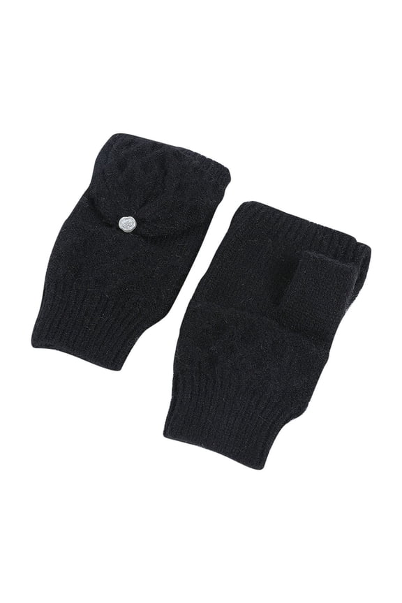 Unisex Convertible Mittens, Winter Knit Flip Top Gloves, Fingerless to Full Finger Solid Color Thermal Handwear, Black