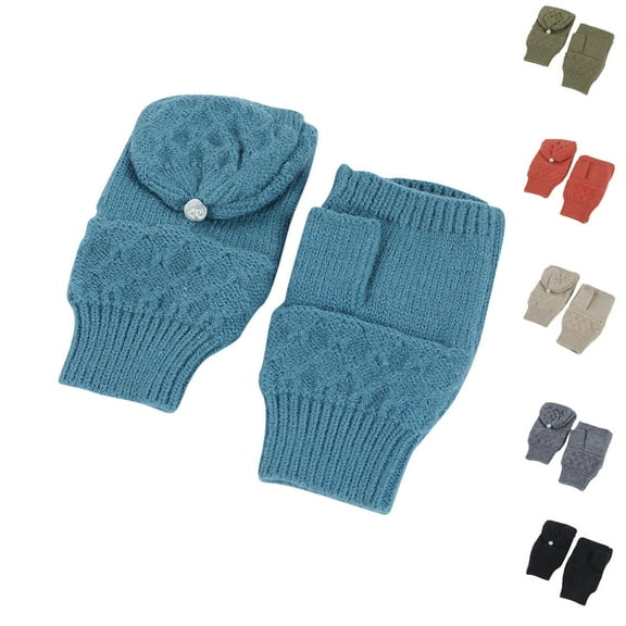 Lovzfmll Unisex Convertible Mittens, Winter Knit Flip Top Gloves, Fingerless to Full Finger Solid Color Thermal Handwear, Sky Blue