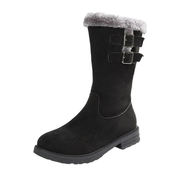 Lovzfmll Wide Calf Boots for Women, Faux Fur Lined Mid Calf Snow Round Toe Side Zipper, Chunky Low Heel Round Toe Buckle Snow Chunky Boots Warm Black Boots