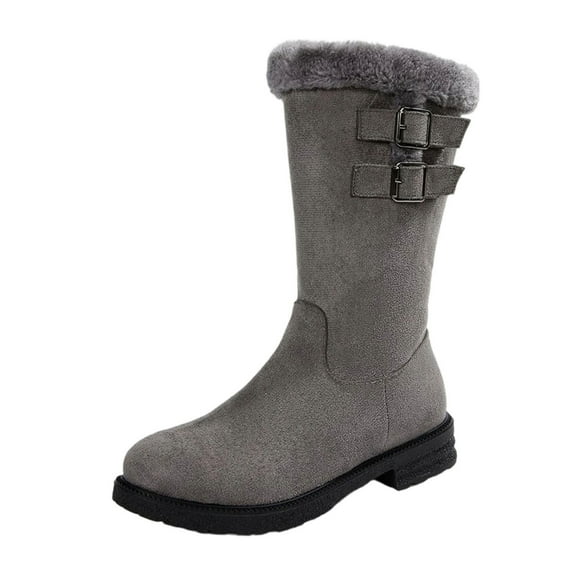 Lovzfmll Wide Calf Boots for Women, Faux Fur Lined Mid Calf Snow Round Toe Side Zipper, Chunky Low Heel Round Toe Buckle Snow Chunky Boots Warm Gray Boots