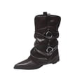 thumbnail image 1 of Lovzfmll Wide Calf Boots for Women, Pointed Toe Knee High High Heel Wrinkled Leather, Block Mid Heel Pointy Toe Chain Leather Motorcycle Boots Casual Fall Brown Boots, 1 of 9