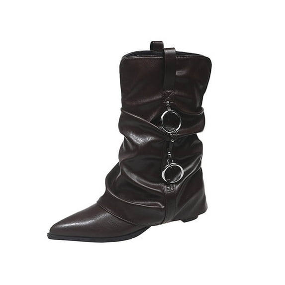 Lovzfmll Wide Calf Boots for Women, Pointed Toe Knee High High Heel Wrinkled Leather, Block Mid Heel Pointy Toe Chain Leather Motorcycle Boots Casual Fall Brown Boots