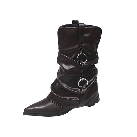 Lovzfmll Wide Calf Boots for Women, Pointed Toe Knee High High Heel Wrinkled Leather, Block Mid Heel Pointy Toe Chain Leather Motorcycle Boots Casual Fall Brown Boots