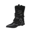 thumbnail image 1 of Lovzfmll Wide Calf Boots for Women, Pointed Toe Knee High High Heel Wrinkled Leather, Block Mid Heel Pointy Toe Chain Leather Motorcycle Boots Casual Fall Black Boots, 1 of 9