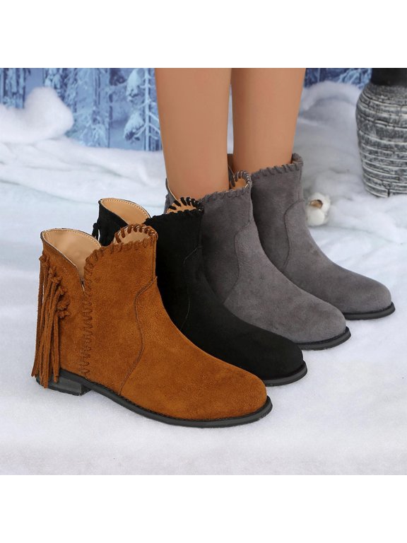 Wide Calf Boots for Women, Fringe Ankle Suede Low Heel Winter, Block Heel Round Toe Booties Casual Gray Boots