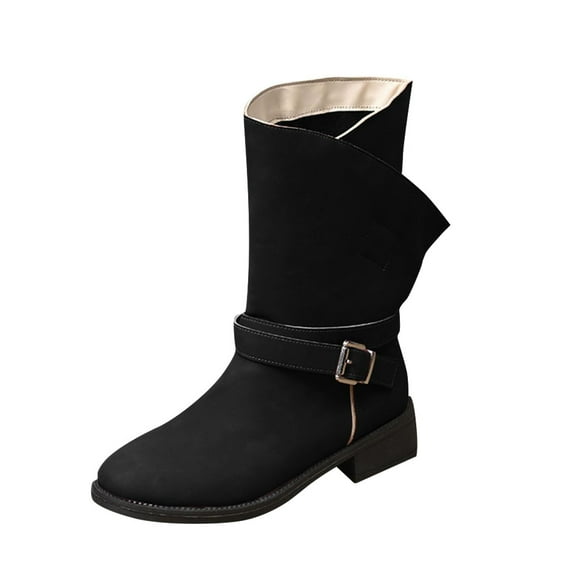 Lovzfmll Wide Calf Boots for Women, Plus Size Cowboy Riding Low Heel, Block Heel Round Toe Booties Belt Buckle Casual Black Boots