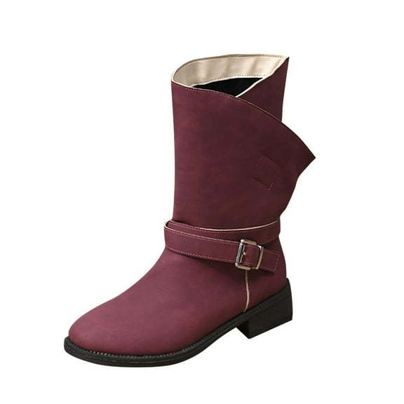 Lovzfmll Wide Calf Boots for Women, Plus Size Cowboy Riding Low Heel, Block Heel Round Toe Booties Belt Buckle Casual Hot Pink Boots