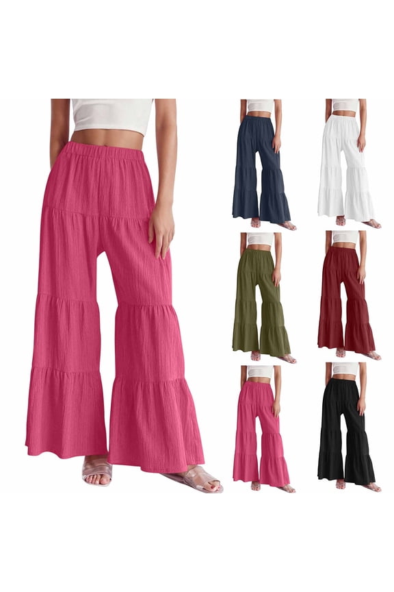 Wide Leg Palazzo Pants for Women, Solid Color High Waist Pleated Trousers, Flowy Casual Culottes with Side Slits Hot Pink, S