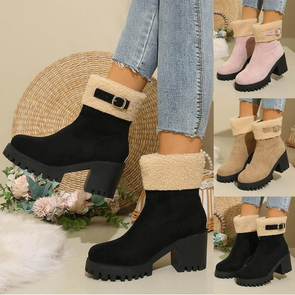 Lovzfmll Winter Boots for Women, Ankle Boots High Heel Faux Fur Belt Buckle, Chunky Heel Round Toe Booties Warm Casual Black Boots