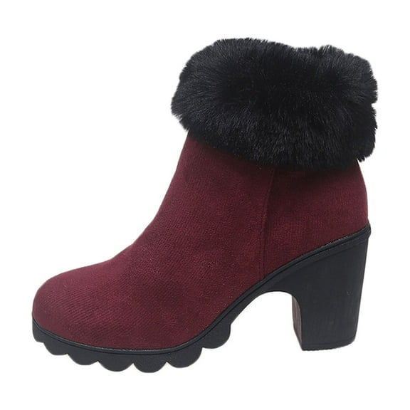Lovzfmll Winter Boots for Women, Faux Fur Lined Ankle Round Toe Chunky High Heel, Block Mid Heel Round Toe Booties Chelsea Snow Boots Warm Wine Boots