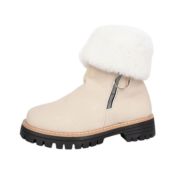 Lovzfmll Winter Boots for Women, Plus Size Faux Fur Ankle Low Heel Winter, Low Heel Round Toe Snow Booties Warm Casual Beige Boots