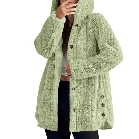Lovzfmll Winter Coats for Women, Solid Color Hooded Jacket, Plush Zip Up Coat with Button Front, Winter Clothing