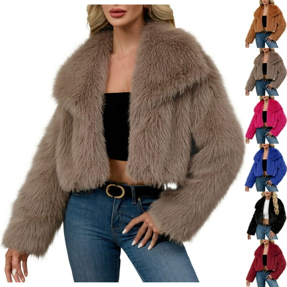 Lovzfmll Winter Coats for Women, Solid Color Notched Collar Coat, Faux Fur Plush Fleece Jacket, Winter Clothing
