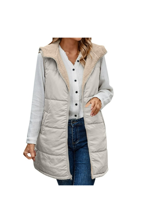 Winter Coats for Women, Solid Color Reversible Plush Vest, Sleeveless Long Length Quilted Puffer with Pockets, Winter Clothing
