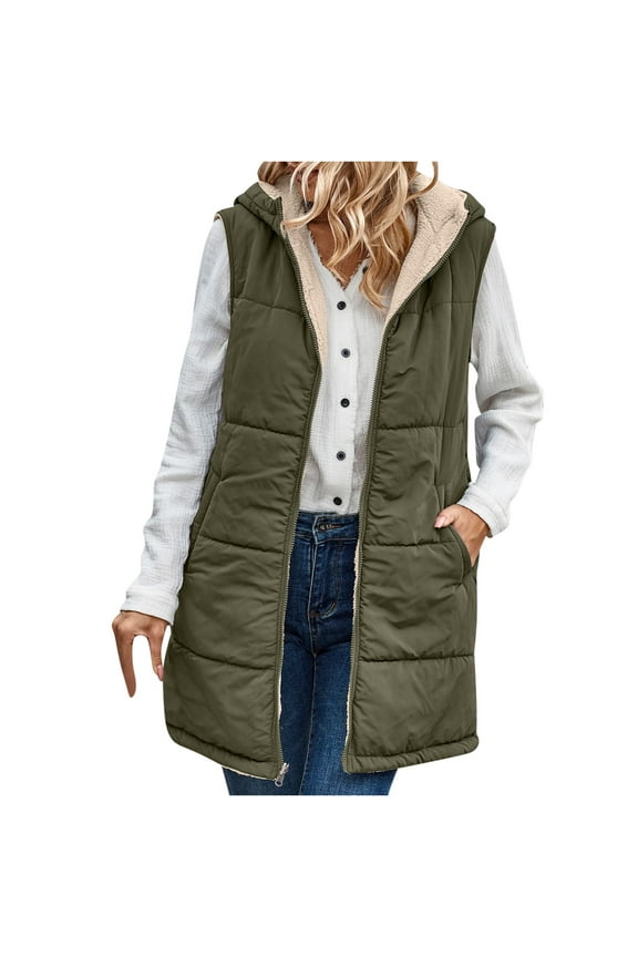 Winter Coats for Women, Solid Color Reversible Plush Vest, Sleeveless Long Length Quilted Puffer with Pockets, Winter Clothing