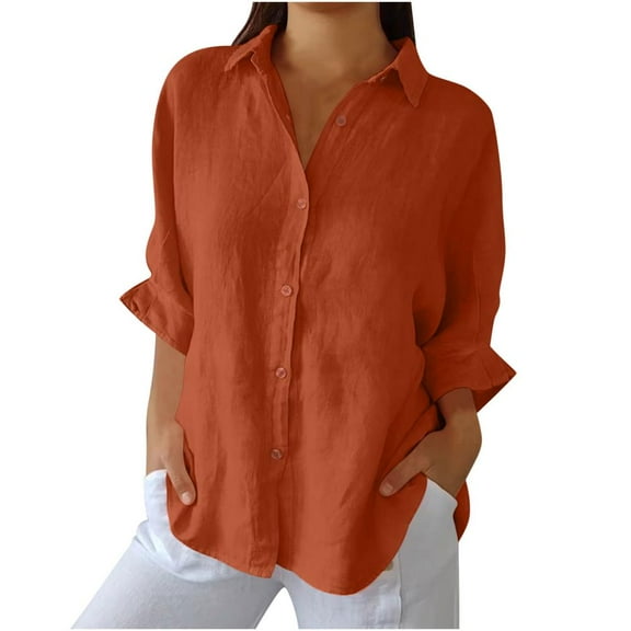Lovzfmll Women Solid Casual Cotton And Linen Tie Back Design Fashion Shirt Tops Orange XL