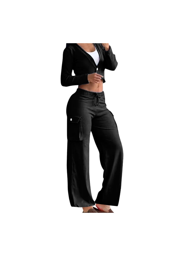 Women's 2 Piece Outfits Sets Ruched Loose Long Sleeve Cardigan Button with Pocket Tops and High Waisted Wide Leg Pants Tracksuit Sets