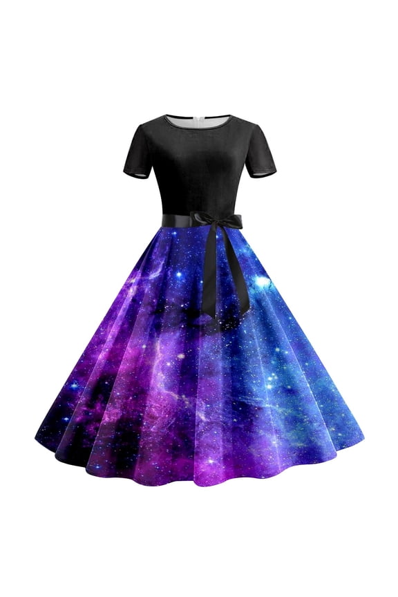 Women's Print Short Sleeve Dress Crew Neck A-Line Midi Swing Dress Casual Space Starry Sky Pattern with Belt