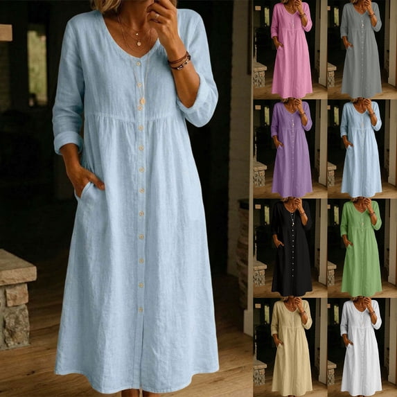Lovzfmll Women's A-Line Dress, Solid Color V-Neck Button Pocket, 3/4 ...