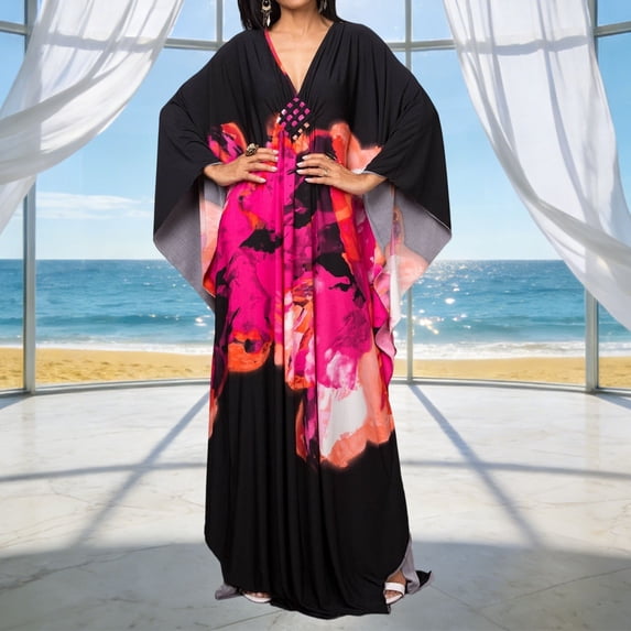 Lovzfmll Women's Beach Cover Up Solid Color Crew Neck Short Sleeve Vacation Maxi Dress Hot Pink Free Size