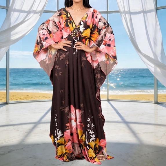 Lovzfmll Women's Floral Print Maxi Dress with Batwing Sleeves, V-Neck Beach Cover Up & Caftan for Resort Vacation, Lightweight & Flowy