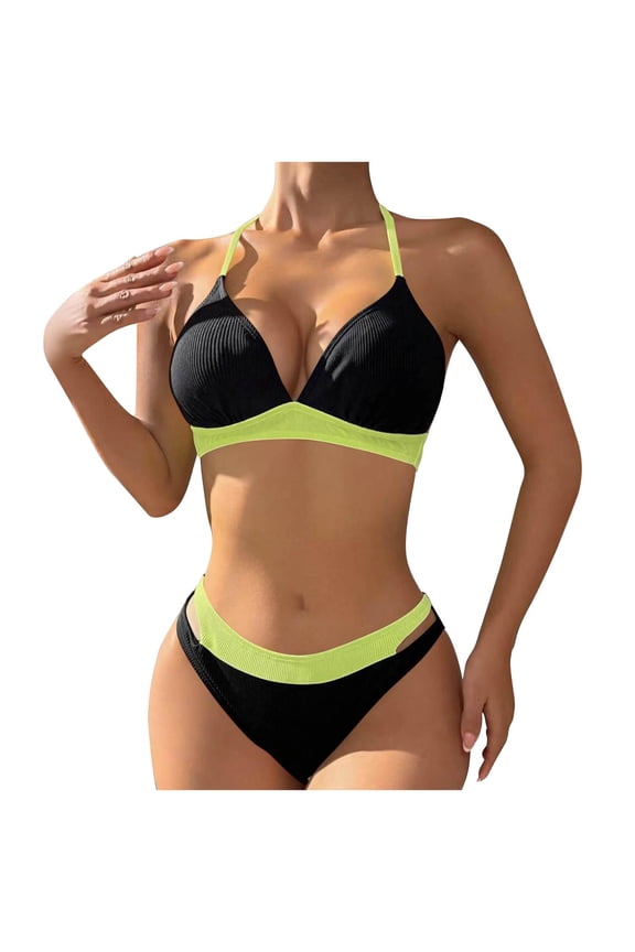 Women's Bikini Set, Color Block Triangle Top with Pads, Two Piece Bathing Suit for No Underwire Beach Fun