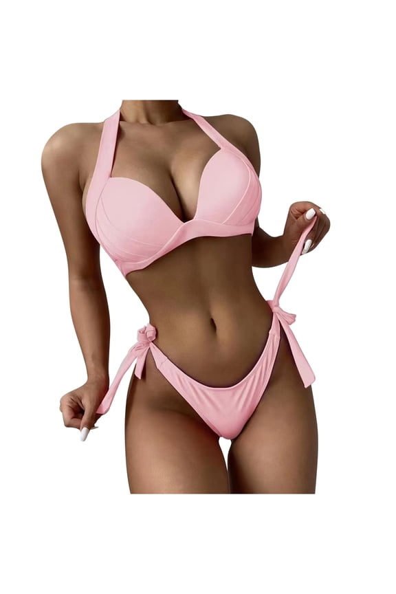 Women's Bikini Set, Solid Color Halter Top with Bean Tie String Bottoms, Hard Cup Bathing Suit for Beach