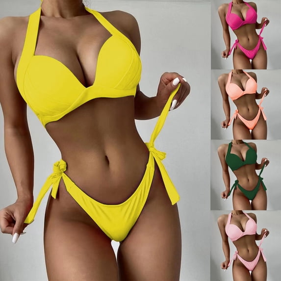 Lovzfmll Women's Bikini Set, Solid Color Halter Top with Bean Tie String Bottoms, Hard Cup Bathing Suit for Beach