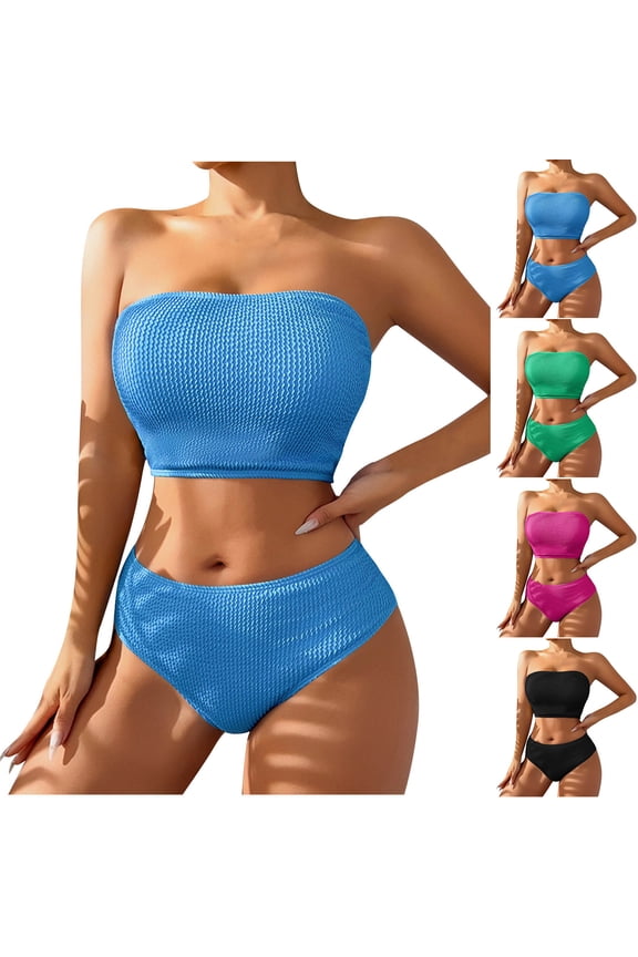 Women's Bikini Set, Solid Color Knit Bandeau Top with Ruching, Clasp Free Bathing Suit for Beach Days