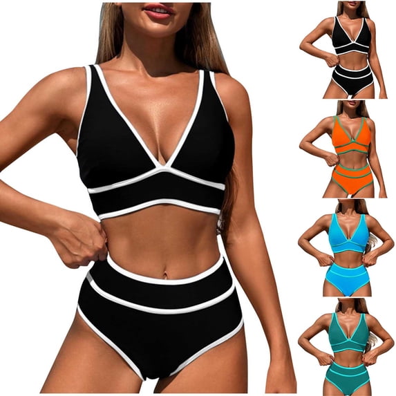 Lovzfmll Women's Bikini Set, Solid Color V-Neck Crop Top with Pads, Two Piece Bathing Suit for No Underwire Beach