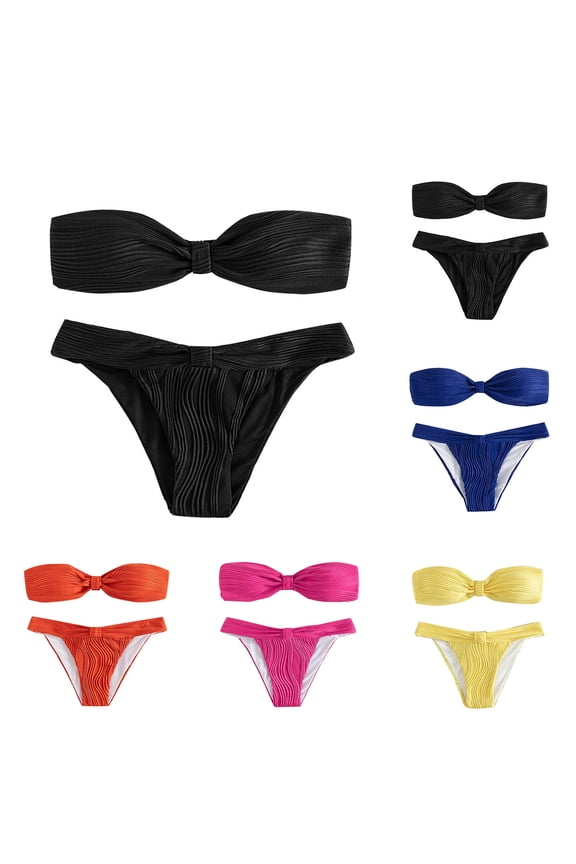 Women's Bikini Set, Solid Color Wave Pattern Bandeau Top, Two Piece Bathing Suit for Beach Vacation