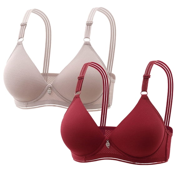 Lovzfmll Women's Blissful Benefits Underarm-Smoothing with Seamless Stretch Wireless Lightly Lined Comfort Solid Color Hollow Out Perspective Bra Underwear No Rims 2PC (Wine & Gray) 42/85