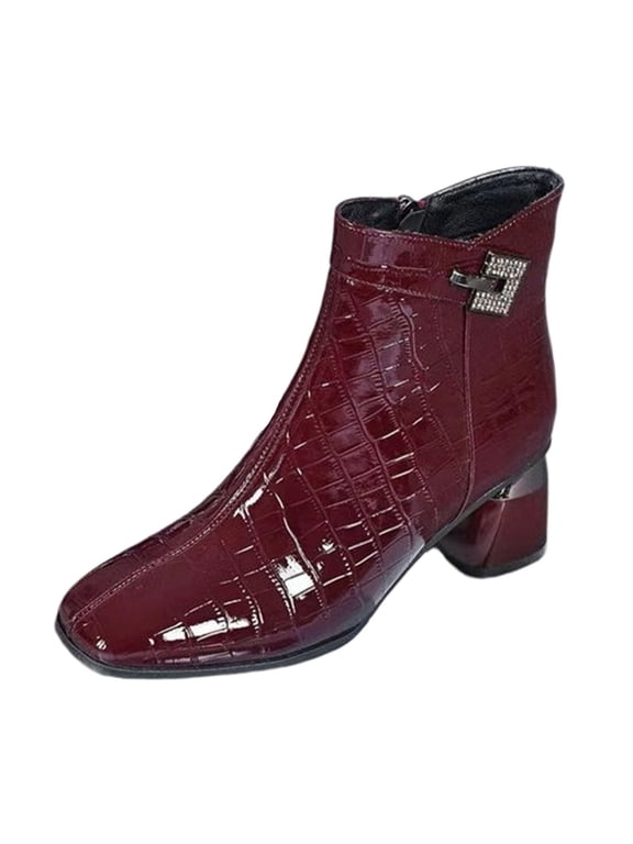 Women's Boots, Patent Leather Short Boots with Metal Buckle, Square Toe Block Heel Chelsea Booties, Plus Size Fall Shoes, 9, Wine