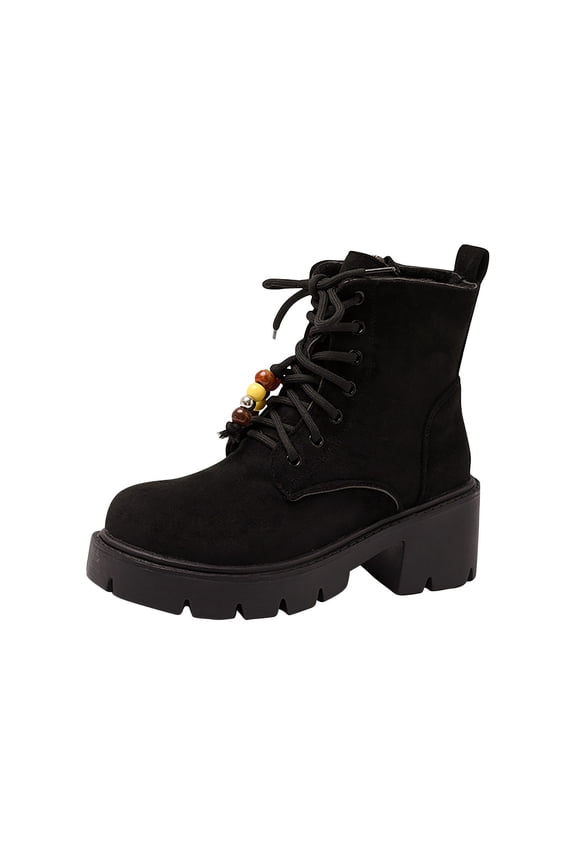 Women's Boots, Round Toe Chunky Block Heel Ankle Boots, Lace Up Fashion Casual Versatile Booties, Fall Winter Shoes, 6, Black