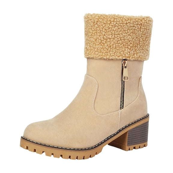 Lovzfmll Women's Boots, Thick Sole Block Heel Side Zipper Short Boots, Round Toe Ankle Booties, Fashion Casual Fall Winter Shoes, 5.5, Beige
