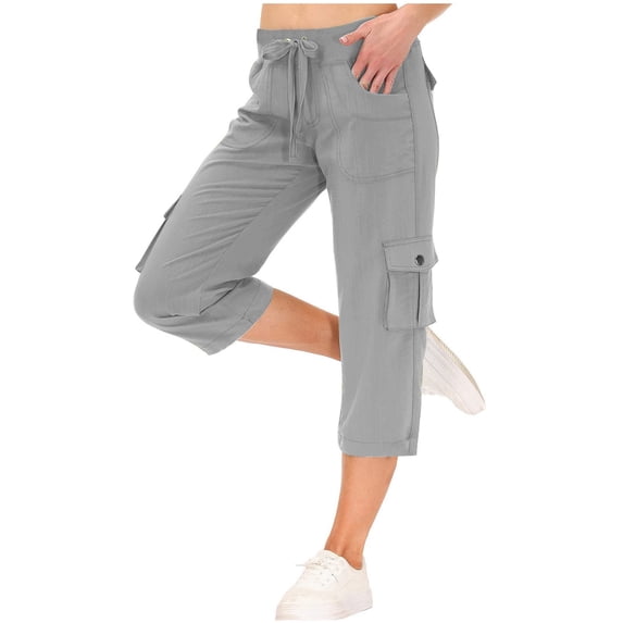 Lovzfmll Women's Cargo Joggers, Solid Color Hiking Pants with Drawstring & Pockets, Cropped Outdoor Athletic Pants for Running