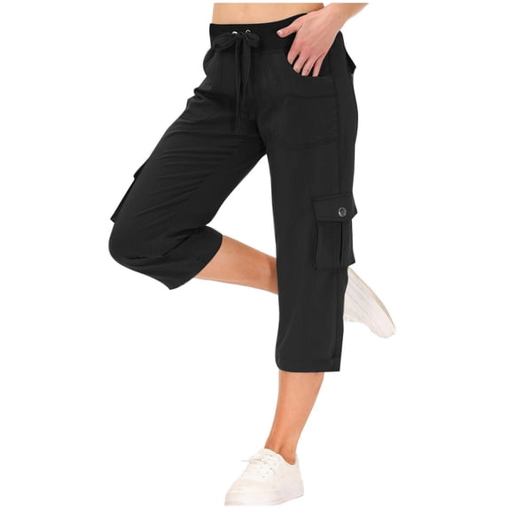 Lovzfmll Women's Cargo Joggers, Solid Color Hiking Pants with Drawstring & Pockets, Cropped Outdoor Athletic Pants for Running