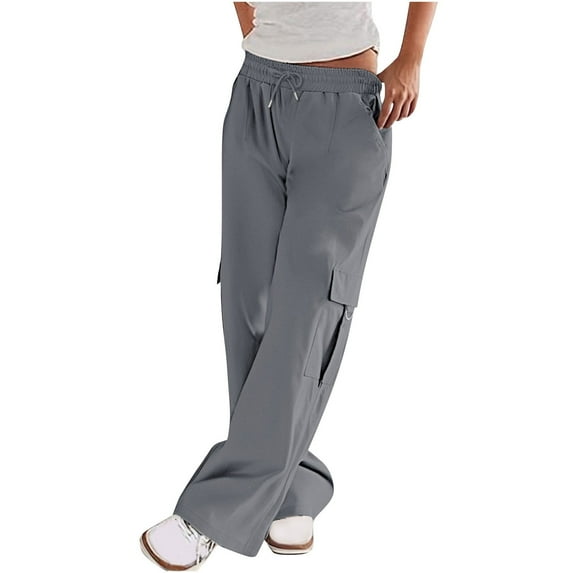 Lovzfmll Women's Cargo Pants, Low Rise Elastic Waist Utility Pants, Straight Leg Loose Fit Hiking Pants with Multiple Pockets, Solid Color Travel Pants