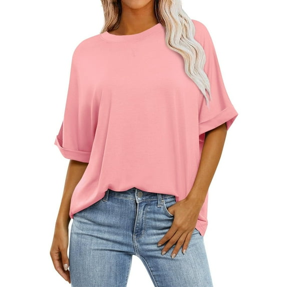 Lovzfmll Women's Casual Crewneck Short-sleeved Solid Color Loose Short Loose T-shirt Tops Pink L