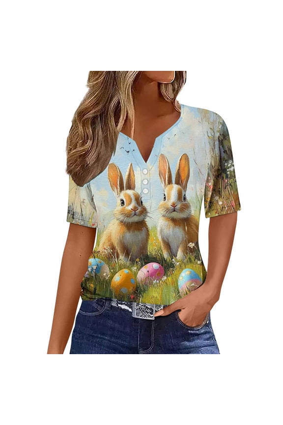 Women's Casual V-Neck Easter Tee, Short Sleeve Holiday Print Top, Comfortable Festive Blouse