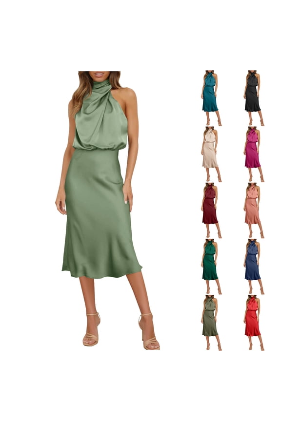 Women's Cocktail Dress, Solid Color Satin Sleeveless, Elegant Mid-Length Dress Mint Green, L
