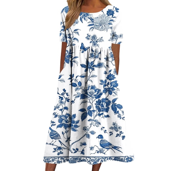 Lovzfmll Women's Crew Neck Short Sleeve Rolled Sleeve Floral Print Maxi Sundress, Loose Casual Summer Dress Blue-E, XL