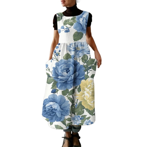 Lovzfmll Women's Crew Neck Sleeveless Floral Print Convertible Multi-Way Pocket Side Tank Maxi Sundress, Loose Casual Vacation Dress Blue, M