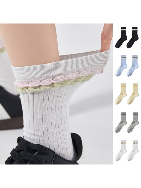 Women's Crew Socks, Color-Block Double Layer Bubble Cuff Thin Spring Summer Breathable Calf Cotton Socks, Casual