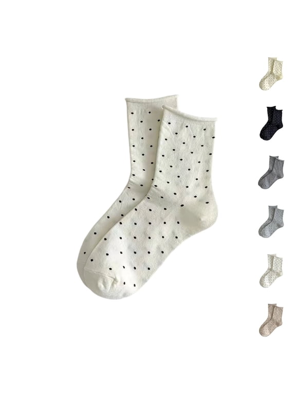 Women's Crew Socks, Rolled Edge Polka Dot Socks, Casual