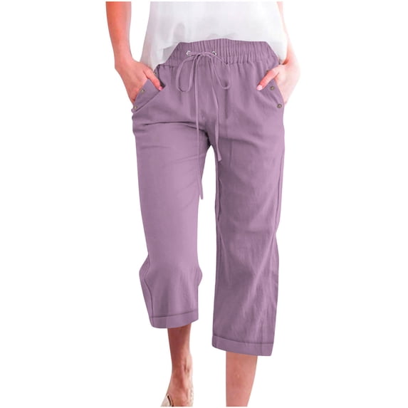 Lovzfmll Women's Cropped Pants, Solid Color Drawstring Button Linen, Casual Wide Leg with Pockets Purple, L