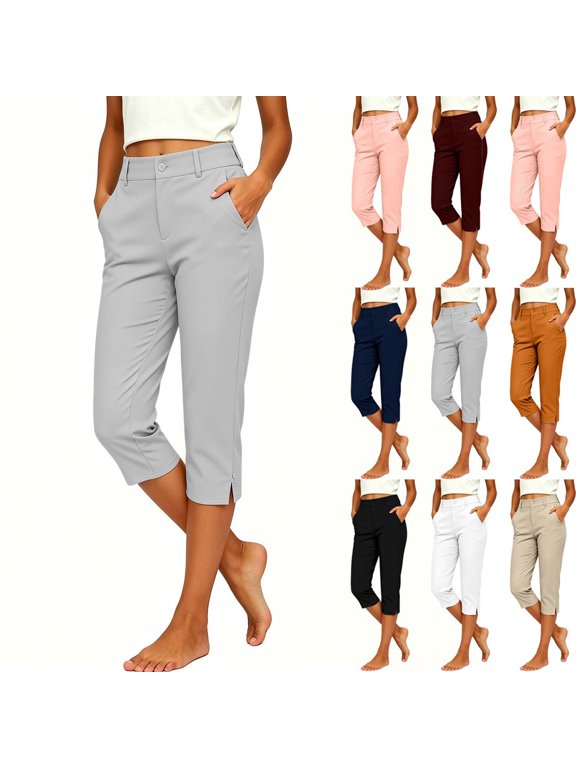 Women's Cropped Pants, Stretchy Mid Straight Leg with Pockets & Split Hem, Office Casual Work Bottoms Khaki, L