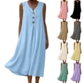thumbnail image 1 of Lovzfmll Women's Decorative Button Linen Blend Pocket Shift Maxi Dress, Loose V Neck Sleeveless Casual Dress Khaki, M, 1 of 8
