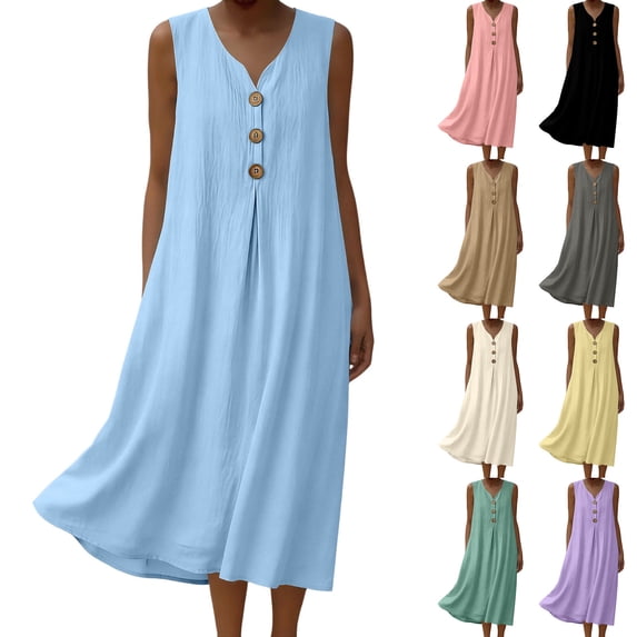 Lovzfmll Women's Decorative Button Linen Blend Pocket Shift Maxi Dress, Loose V Neck Sleeveless Casual Dress Khaki, M